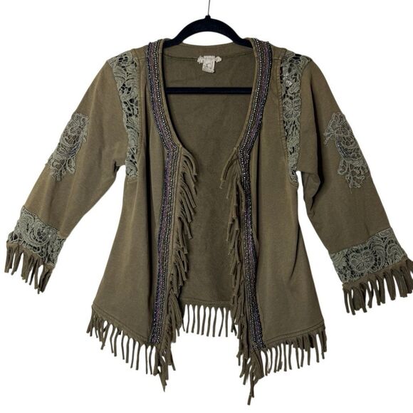 gimmicks by BKE Jackets & Blazers - Vtg Gimmicks X BKE Olive Grn Fairy Grunge Fringed, Beaded, Crochet Jacket SzS